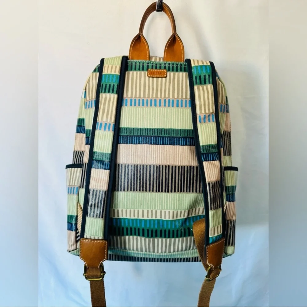 Fossil Elina Striped Coated Canvas Backpack, with Leather Trim Retail $275